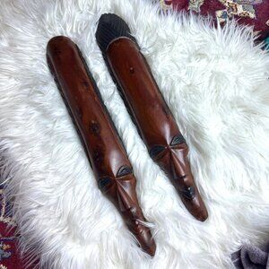 Vintage Pair of Hard Carved Wooden Ironwood African Masks Tribal Male Female